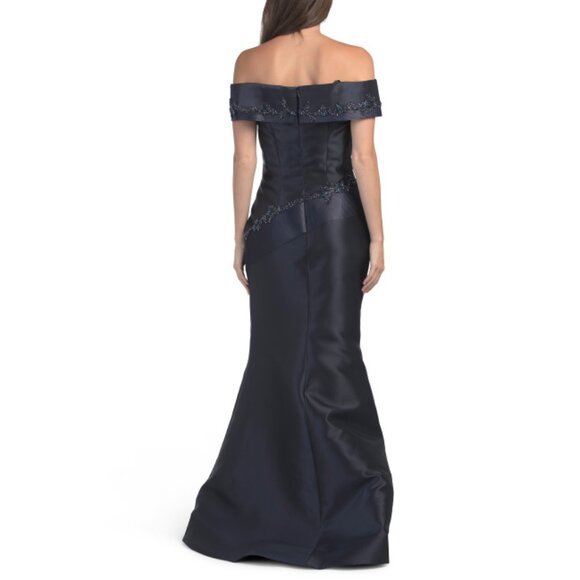 TERANI Navy Off The Shoulder Mikado Floral Gown - Picture 2 of 2